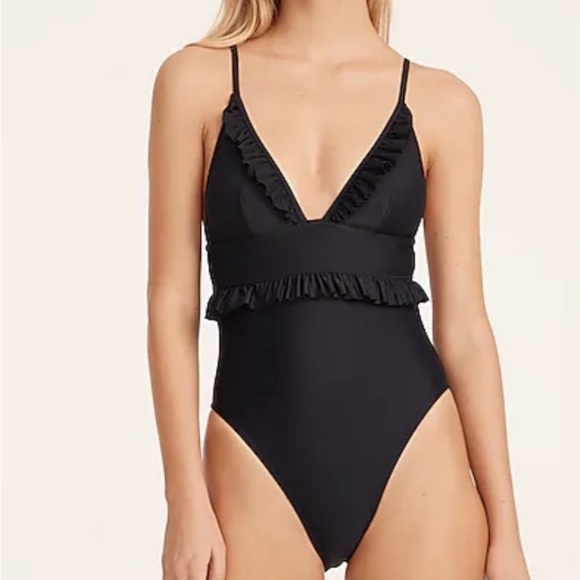 NWT J. Crew Ruffle Plunge One Piece Swimsuit 16 black beach swim vacation - Picture 4 of 12